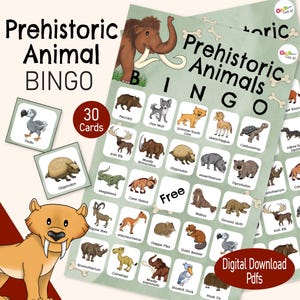 Bingo de animales prehistóricos: un juego de fiesta imprimible sobre la Edad de Hielo, un divertido juego familiar sobre la evolución, una unidad de educación en el hogar sobre historia o una actividad para el aula infantil