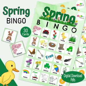 Springtime Bingo, a printable spring game for kids, Easter learning activity for preschool, home school classroom party, spring family game