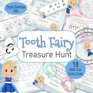 Tooth Fairy Game, a printable indoor treasure hunt for kids, a girls lost tooth adventure kit, with clues,  puzzles & tooth fairy letter