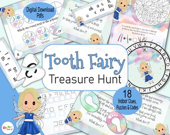 Tooth Fairy Game, a printable indoor treasure hunt for kids, a girls lost tooth adventure kit, with clues,  puzzles & tooth fairy letter