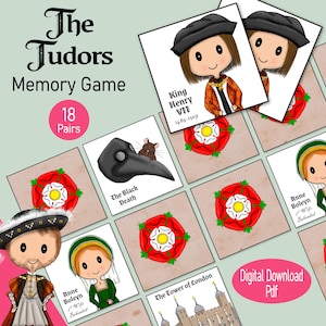 Il gioco di carte di memoria Tudors, una storia britannica stampabile, attività di abbinamento di immagini, un re Enrico VIII, risorsa di apprendimento per adolescenti o bambini