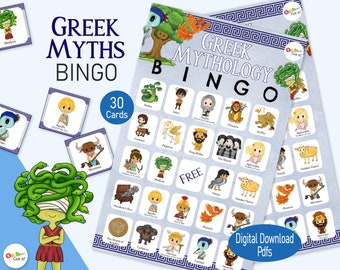 Greek Mythology Bingo, a fun printable Ancient Greece game, for a Grecian homeschool unit or kids classroom history activity or family games