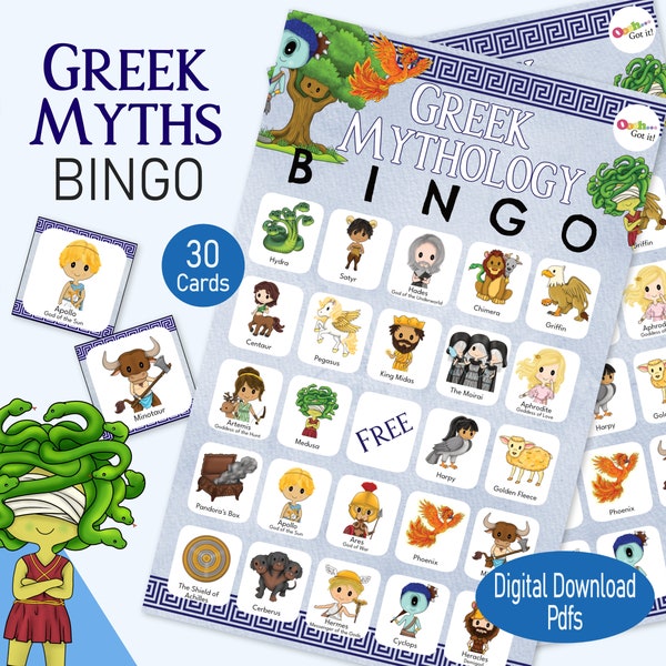 Greek Mythology Bingo, a fun printable Ancient Greece game, for a Grecian homeschool unit or kids classroom history activity or family games