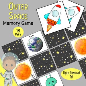 宇宙メモリーカードゲーム、太陽系アクティビティにマッチする印刷可能な画像、子供の学習リソース、幼児の静かな時間、または楽しい家族ゲーム