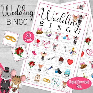 Wedding Bingo, 30 Whimiscal Wedding Mice bingo cards, a printable wedding reception table game, or cute bridal shower, rehearsal dinner idea