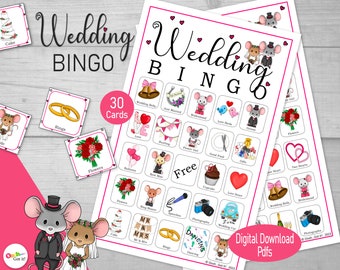 Wedding Bingo, 30 Whimiscal Wedding Mice bingo cards, a printable wedding reception table game, or cute bridal shower, rehearsal dinner idea