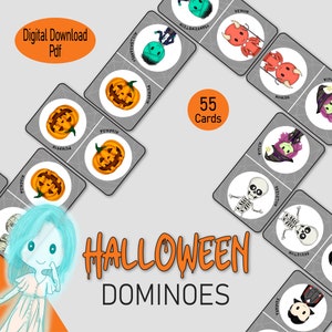 Halloween Dominoes, a spooky printable matching game domino game for kids, fall family games night or October quiet time preschool activity