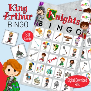 Bingo del Rey Arturo, tarjetas de bingo de caballeros medievales, un juego de dragón de fantasía imprimible para una fiesta de cumpleaños infantil, una escuela en el hogar o una feria renacentista