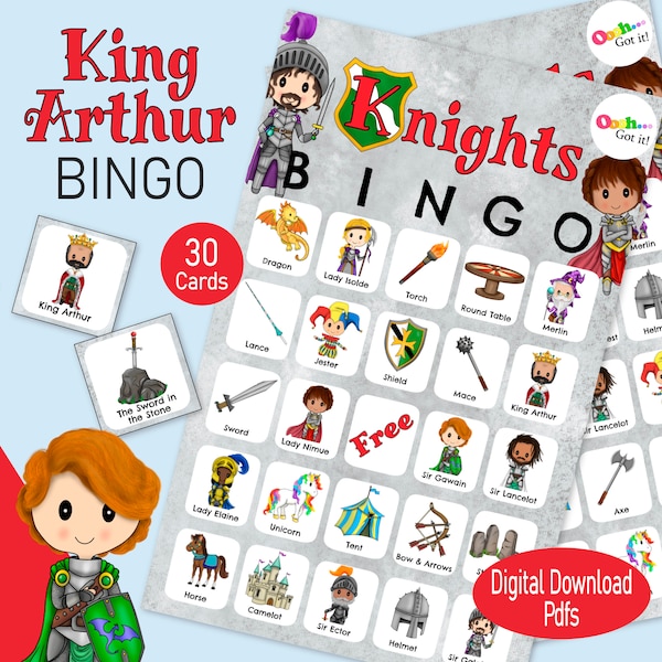 King Arthur Bingo, medieval knight bingo cards, a printable fantasy dragon game for a kids birthday party, home school or renaissance fair