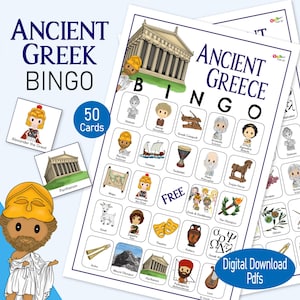 Bingo da Grécia Antiga – 50 cartas para imprimir para crianças, jogo de história divertido para salas de aula, educação domiciliar, festas gregas e aprendizado em família!