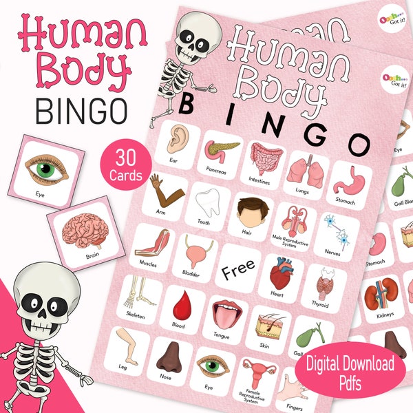 Bingo de partes del cuerpo humano, un juego de anatomía imprimible para una divertida unidad de educación en casa de biología o una actividad científica en el aula para niños o familias