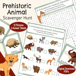 Caça ao tesouro de animais pré-históricos - um jogo de família da Era do Gelo para imprimir, uma divertida caça ao tesouro educacional para casa, escola ou festas de aniversário