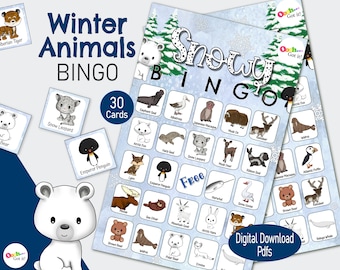 Winter Animals Bingo, a printable snowy day, frosty kids activity, for a snow birthday party, Arctic or a climate change, classroom game