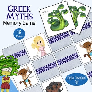 Greek Mythology Memory Game, a printable Ancient Greece picture matching learning resource for kids, a classroom or home school history game