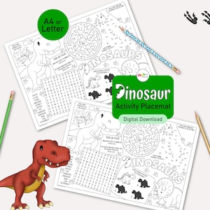 Podkładka z dinozaurem, do wydrukowania aktywność na przyjęcie urodzinowe dla dzieci, kolorowanka z T-Rexem, dekoracja stołu, upominek na przyjęcie z dinozaurem z Jurassic Dino lub gra rodzinna