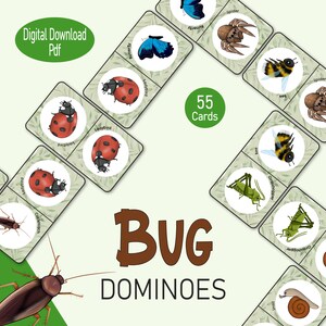 May include: A set of 55 bug dominoes featuring colourful illustrations of insects like ladybugs, butterflies, bees, grasshoppers, snails, and cockroaches. The dominoes are printed on white circles with green leaf borders. The text "BUG DOMINOES" is printed in brown letters on a green background.
