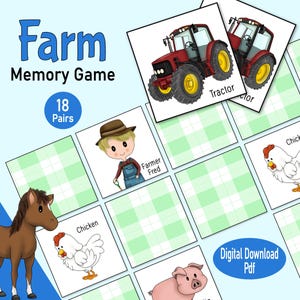 Juego de memoria de animales de granja, un juego de cartas de combinación de imágenes imprimible para niños en edad preescolar y niños pequeños, actividad de educación en el hogar o en el aula para niños pequeños en el corral