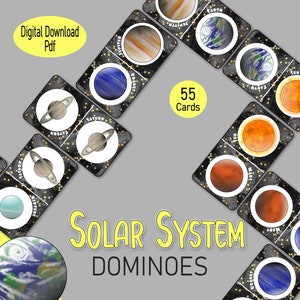 May include: A set of 55 solar system dominoes featuring colourful illustrations of planets and the sun. The dominoes are black with white stars and the names of the planets. The text "Solar System Dominoes" is written in yellow on a black background.