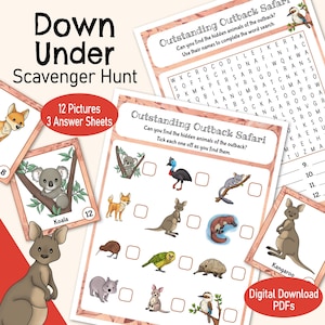 Búsqueda del tesoro de animales de Australia y Nueva Zelanda: un juego de aprendizaje imprimible sobre la vida silvestre de Australia y Nueva Zelanda para niños, familias, educación en el hogar o maestros.