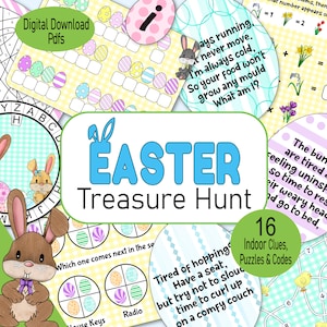 Easter Egg Treasure Hunt, printable indoor kids scavenger hunt clues, with escape room puzzles & codes, family game for Easter Sunday party