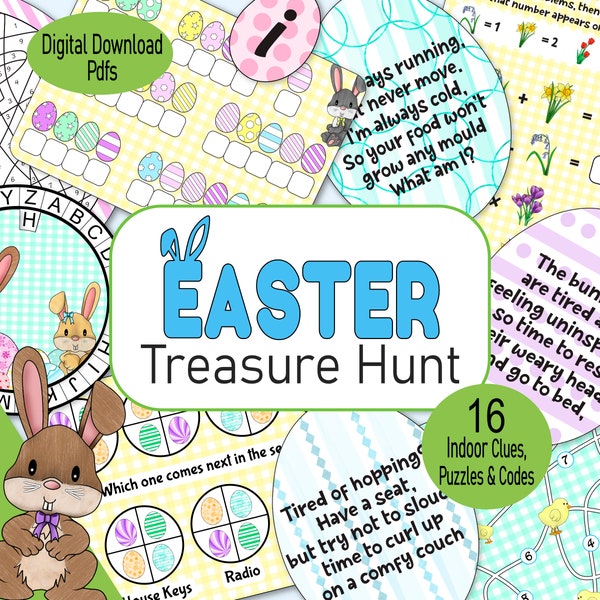 Easter Egg Treasure Hunt, printable indoor kids scavenger hunt clues, with escape room puzzles & codes, family game for Easter Sunday party