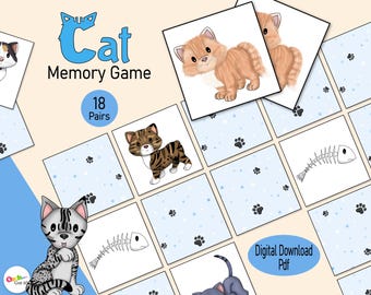 Kattengeheugenkaartspel, een afdrukbare activiteit voor het matchen van Kitty-foto's voor kinderen en peuters, een leermiddel voor thuis of een stil voorschools spel