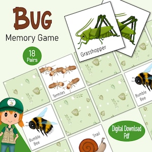 Bug Memory Cards, un gioco di abbinamento di immagini di insetti inquietanti stampabile per bambini piccoli e ragazzi, un regalo sulla fauna selvatica o una risorsa di apprendimento sugli insetti per la scuola materna