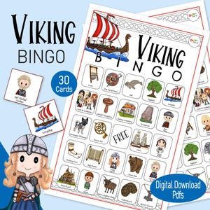 Bingo vikingo para niños: aprenda sobre los mitos nórdicos y la antigua historia escandinava con este divertido juego imprimible para educación en el hogar, el aula o fiesta.