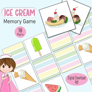 アイスクリームメモリーカードゲームは、幼児や子供向けの素敵な印刷可能な絵合わせパーティーゲームで、夏の楽しい家族の静かな時間アクティビティです。