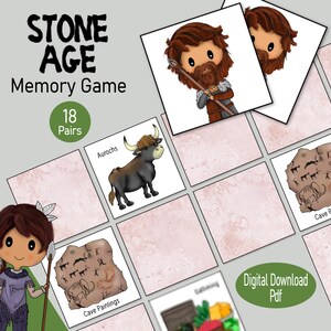 Gioco di carte di memoria dell'età della pietra, un'attività stampabile di abbinamento di immagini preistoriche, un gioco di società o una risorsa di apprendimento per i giorni di pioggia per adolescenti o bambini