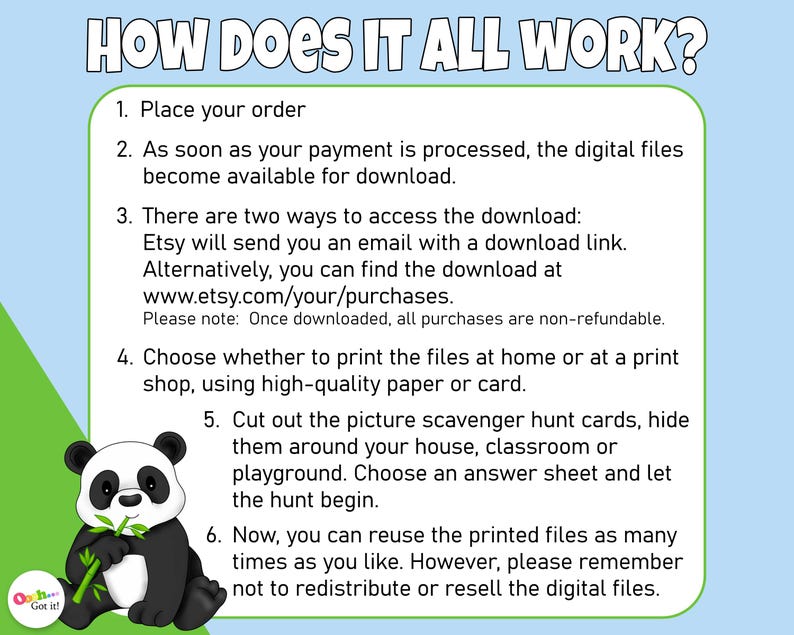 Op de afbeelding: Een lichtblauwe en groene illustratie met een pandabeer die een bamboescheut vasthoudt. De tekst "HOW DOES IT ALL WORK?" staat bovenaan de afbeelding. De tekst hieronder legt uit hoe je een foto-speurtocht kunt downloaden en afdrukken.
