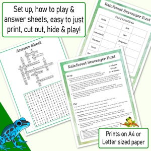 Peut inclure: Un jeu de chasse au tr&eacute;sor de la for&ecirc;t tropicale imprimable avec des instructions, une feuille de r&eacute;ponses et une feuille de localisation des cartes. Le jeu comprend une recherche de mots, un mot crois&eacute; et une feuille de coche. Le jeu est con&ccedil;u pour 2 &agrave; 4 joueurs et dure 15 &agrave; 20 minutes.