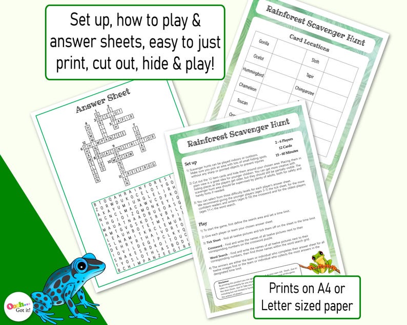 Peut inclure: Un jeu de chasse au tr&eacute;sor de la for&ecirc;t tropicale imprimable avec des instructions, une feuille de r&eacute;ponses et une feuille de localisation des cartes. Le jeu comprend une recherche de mots, un mot crois&eacute; et une feuille de coche. Le jeu est con&ccedil;u pour 2 &agrave; 4 joueurs et dure 15 &agrave; 20 minutes.
