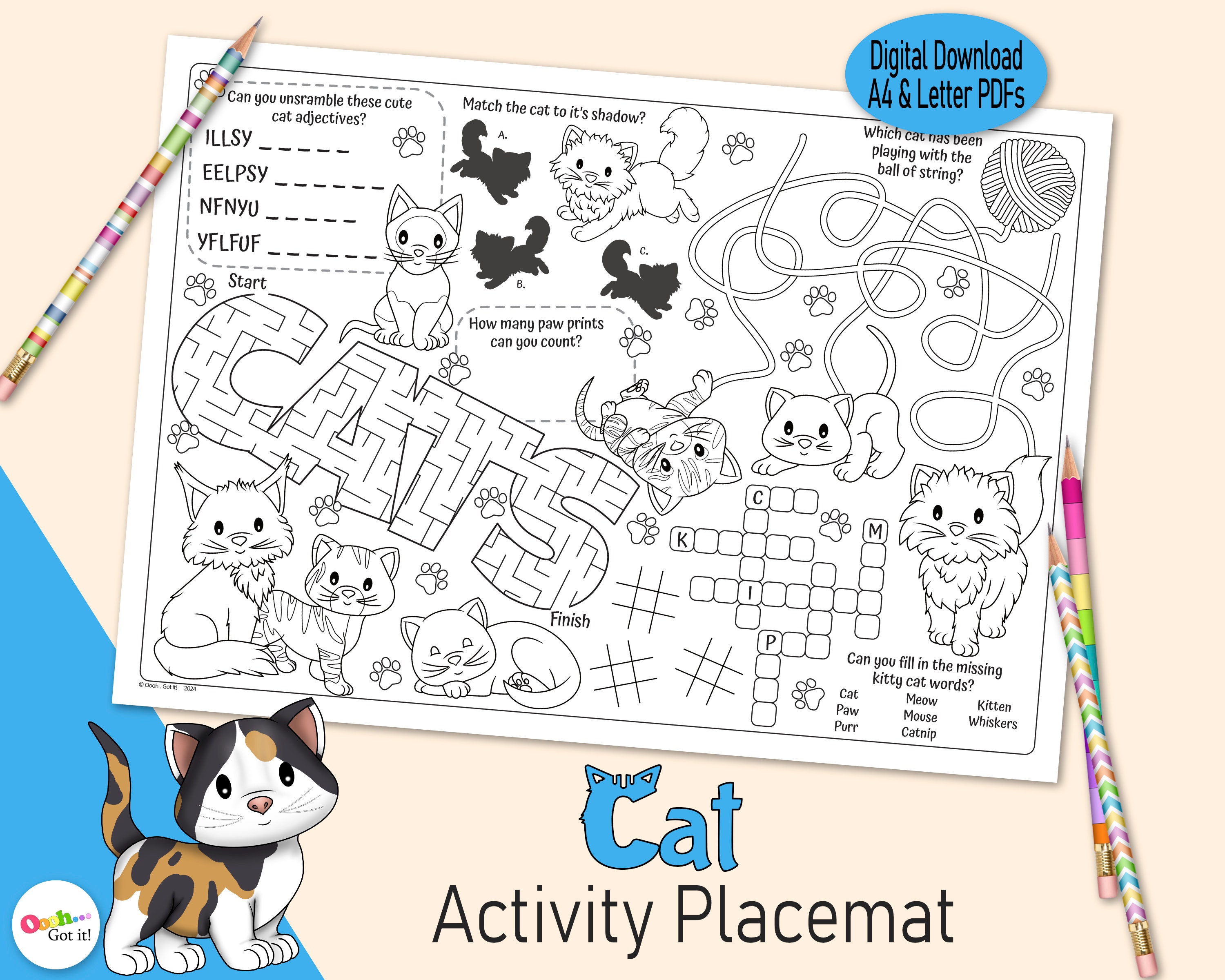 Cat Placemat, a Printable Birthday Party Activity Sheet for Kids, a Kitty Coloring Table Decor ...