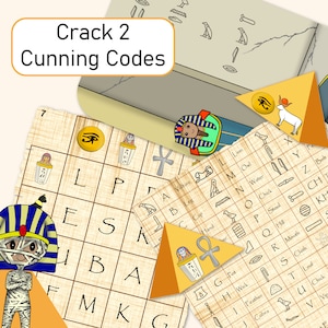K&ouml;nnte beinhalten: Eine druckbare Codeknack-Aktivit&auml;t f&uuml;r Kinder mit &auml;gyptischem Thema. Die Aktivit&auml;t beinhaltet ein Gitter mit Buchstaben und Symbolen, einen Schl&uuml;ssel mit passenden Symbolen und Buchstaben und eine Mumienfigur.