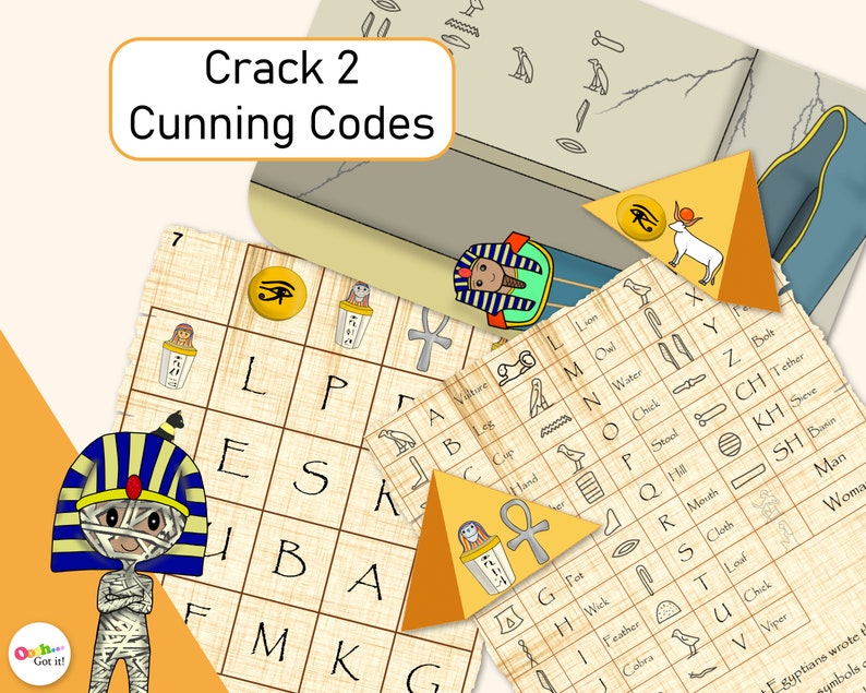 K&ouml;nnte beinhalten: Eine druckbare Codeknack-Aktivit&auml;t f&uuml;r Kinder mit &auml;gyptischem Thema. Die Aktivit&auml;t beinhaltet ein Gitter mit Buchstaben und Symbolen, einen Schl&uuml;ssel mit passenden Symbolen und Buchstaben und eine Mumienfigur.