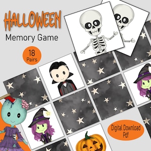Tarjetas de memoria de Halloween, un juego de asociación de imágenes imprimible para niños pequeños y niños, un espeluznante juego familiar de octubre, un libro para pasar un momento tranquilo o entretenido en edad preescolar