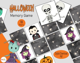 May include: Halloween Memory Game with 18 pairs of cards featuring images of a skeleton, vampire, witch, ghost, and pumpkin. The cards have a black and white starry background.