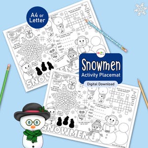 Snowman Activity Placemat, a fun, printable & festive coloring sheet, engaging Christmas table decor or winter birthday party favor for kids