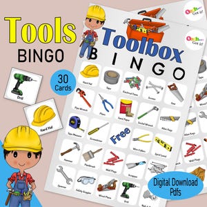 Toolbox Bingo, a printable construction party game, 30 bingo cards for 2nd birthday, DIY lover, father's day or builders retirement party
