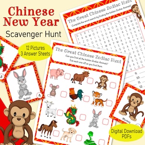 Chinese Zodiac Scavenger Hunt, a printable animal picture matching game for Lunar New Year, spring festival, kids classroom or family game.