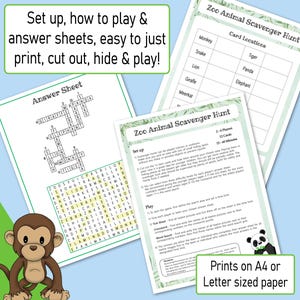 Op de afbeelding: Een printbaar dierenzoekspel met instructies, een antwoordblad en een kaartlocatieblad. Het spel bevat een woordzoeker, een kruiswoordpuzzel en een vinkblad. Het spel is ontworpen om te worden afgedrukt op A4- of briefpapier.