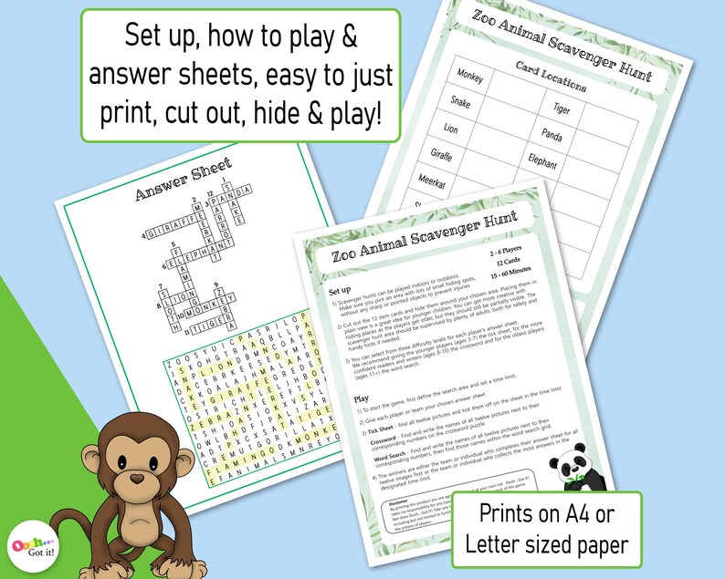 Op de afbeelding: Een printbaar dierenzoekspel met instructies, een antwoordblad en een kaartlocatieblad. Het spel bevat een woordzoeker, een kruiswoordpuzzel en een vinkblad. Het spel is ontworpen om te worden afgedrukt op A4- of briefpapier.