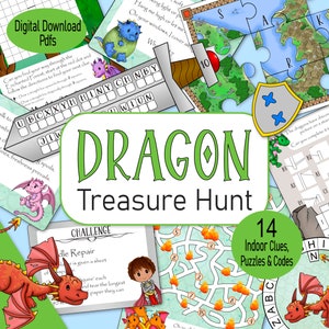 Drachen-Schatzsuche, ein druckbares Fantasy-Familien-Abenteuerspiel für den Innenbereich, für Geburtstagsfeiern für Tween-Jungen oder Aktivitäten für Kinder