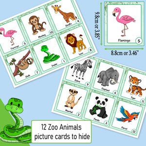 Op de afbeelding: Twaalf ge&iuml;llustreerde dierentuin-dierenkaartjes met groene randen. Elke kaart toont een ander dier, waaronder een giraffe, een aap, een leeuw, een slang, een luiaard, een flamingo, een zebra, een olifant, een tijger, een mangoest, een panda en een papegaai. De kaartjes zijn genummerd van 1 tot 12.