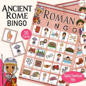 Ancient Rome Bingo, a printable Roman party game, for a Roman Empire homeschool unit, educational family game or fun kids classroom activity