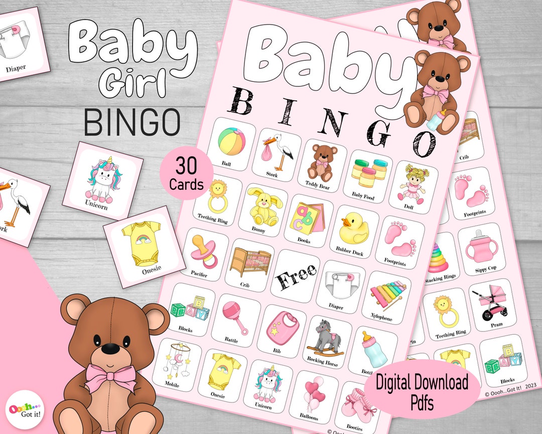 Baby Shower Bingo, 30 Printable Prefilled Bingo Cards, for a Baby Girl ...