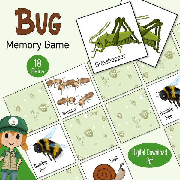 Bug Memory Cards, a printable creepy crawler picture matching game for toddler & kids, a wildlife gift or preschool insect learning resource