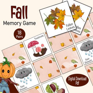 Gioco di carte di memoria autunnale, un gioco di abbinamento di immagini autunnali stampabile, per bambini piccoli e ragazzi, un gioco tranquillo per la classe prescolare o per la famiglia