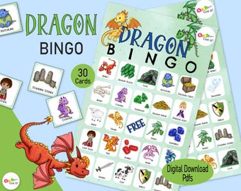 Drakenbingo, 30 afdrukbare bingokaarten, een fantasiespel met draken en middeleeuwse ridders, verjaardag van jongens, kinderfeestje of renaissancebeurs
